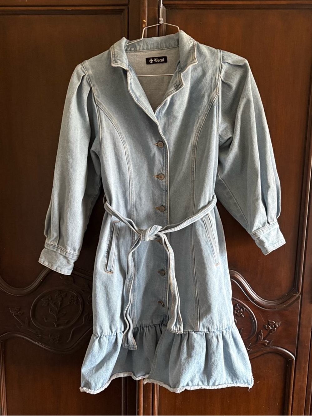 Women’s Vocal Denim Shirt Dress Ruffle Hem 100% Cotton size Small